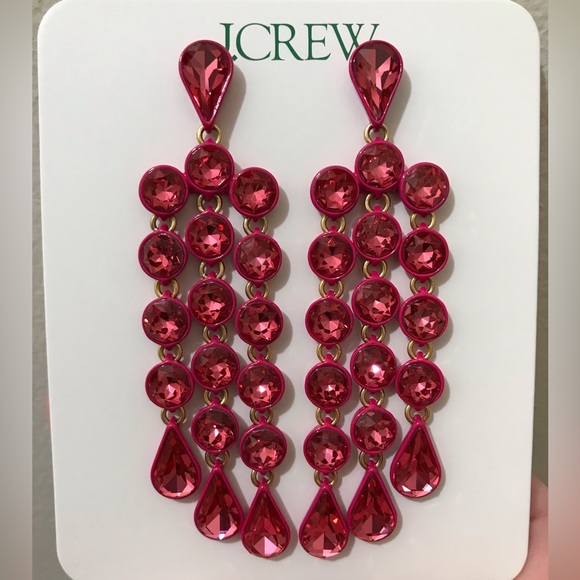NWT J. Crew Sparkly Waterfall Earrings, Statement Sparkle Prom Formal Dance Red - Picture 3 of 12